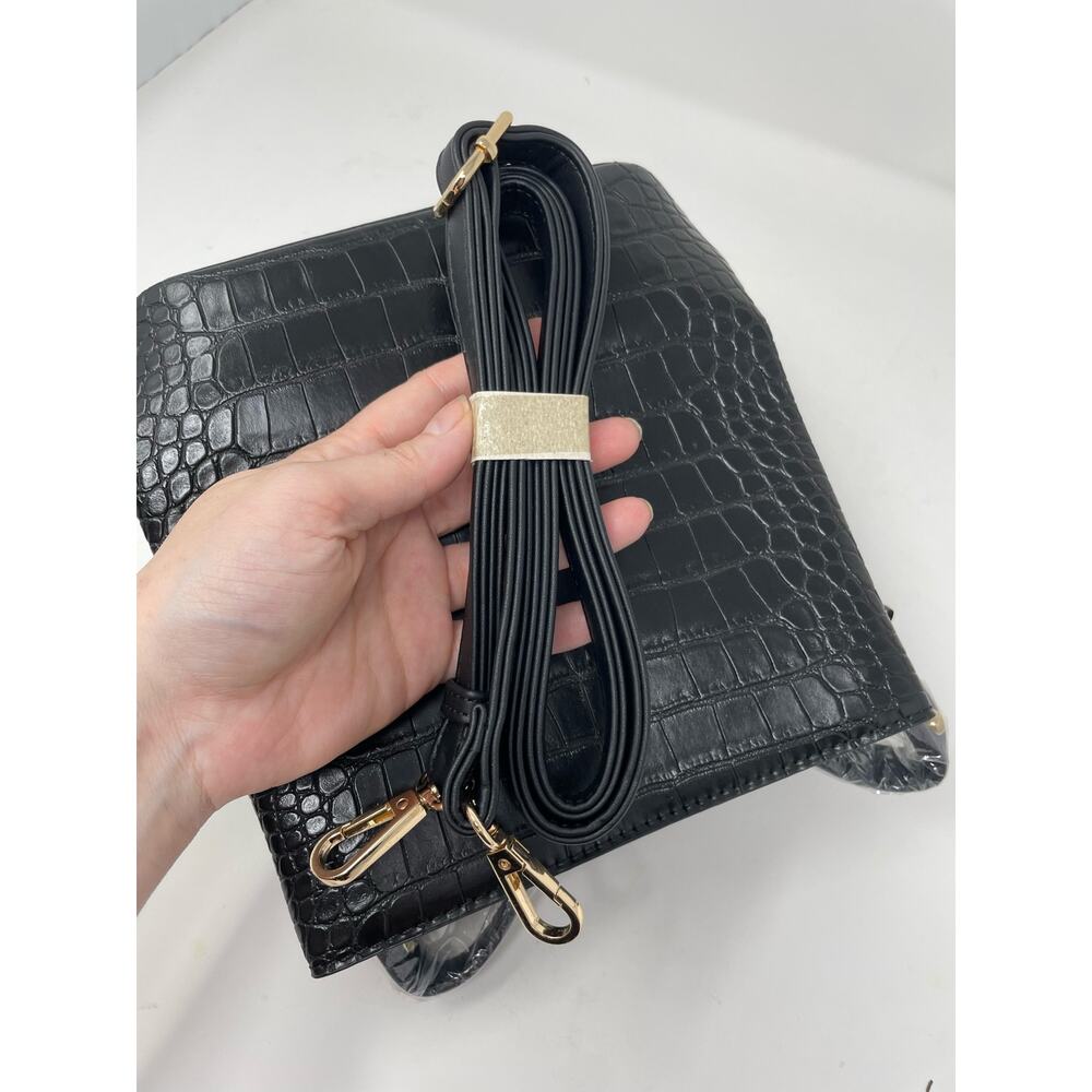 AOTA Elena Black Vegan Leather Croc Top Handle Bucket Bag Detachable Crossbody - Picture 3 of 9